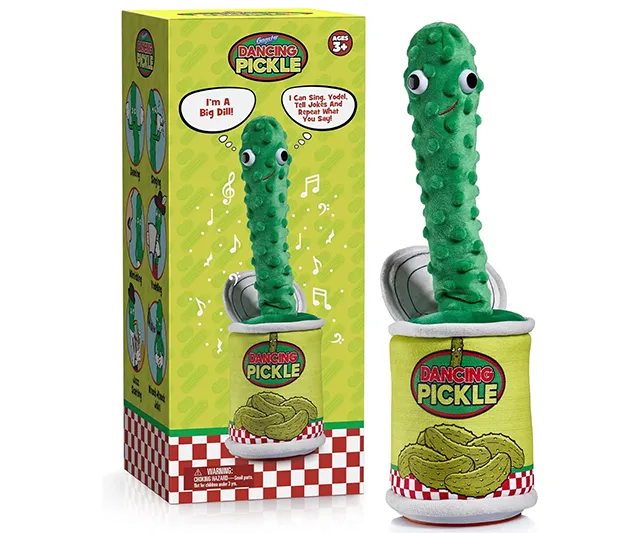 Funny electronic dancing pickle toy with a microphone, wearing sunglasses, check it out at IGottaHaveItNow for a fun novelty gift.