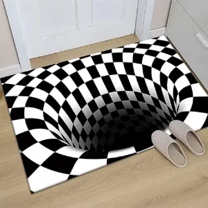 Round optical illusion rug featuring a black and white plaid design, creating a 3D vortex effect, ideal for home decor.