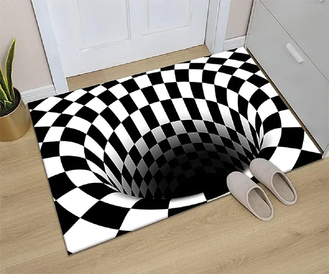 Round optical illusion rug featuring a black and white plaid design, creating a 3D vortex effect, ideal for home decor.