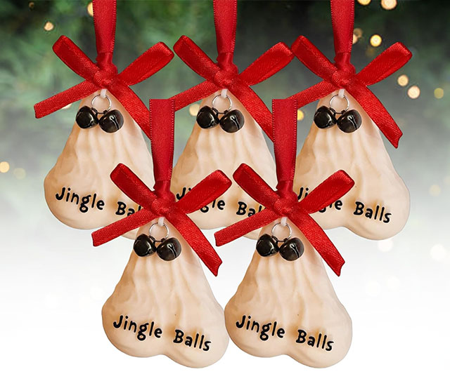 Hilarious Jingle Balls Christmas tree ornaments shaped like testicles, a quirky and fun holiday decoration.