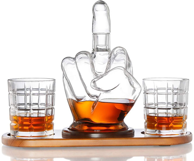 Middle finger decanter from IGottaHaveItNow, a cheeky addition to your barware that combines humor with functionality.