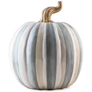 Gray-and-white striped hand-painted resin pumpkin decor with a gold stem, part of IGottaHaveItNow's seasonal collection.