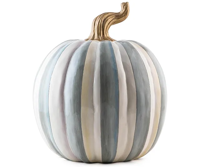 Gray-and-white striped hand-painted resin pumpkin decor with a gold stem, part of IGottaHaveItNow's seasonal collection.