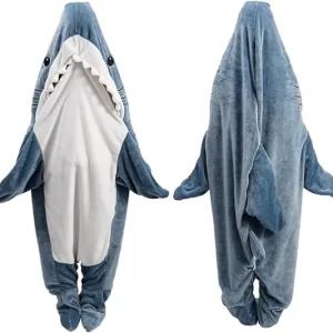 Wearable shark onesie blanket with a fun shark-mouth design, cozy for lounging or costume use. Check it out on IGottaHaveItNow.