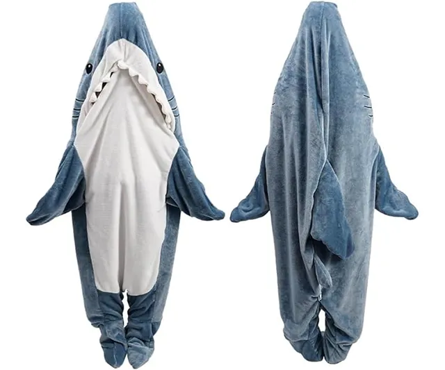 Wearable shark onesie blanket with a fun shark-mouth design, cozy for lounging or costume use. Check it out on IGottaHaveItNow.