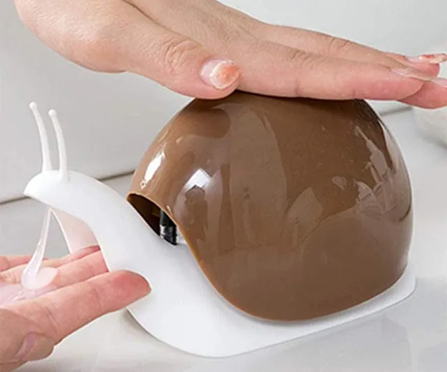 Cute brown snail-shaped soap dispenser for kitchen or bathroom use, a fun and quirky home accessory from IGottaHaveItNow.